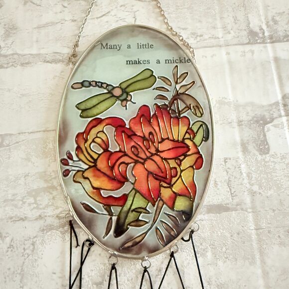 Dragonfly Floral Suncatcher Stained Glass Windchime Outdoor Decor Garden Patio - Picture 1 of 5